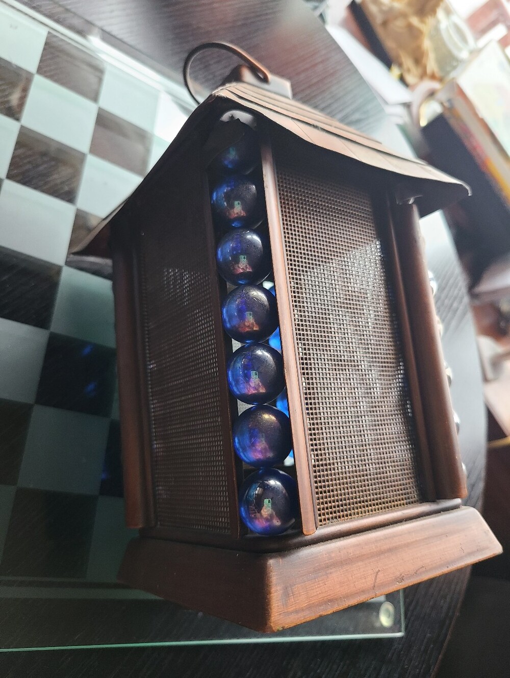 Blue and Bronze Decorative Lantern with Glass Bead Accents - Picture 10 of 13